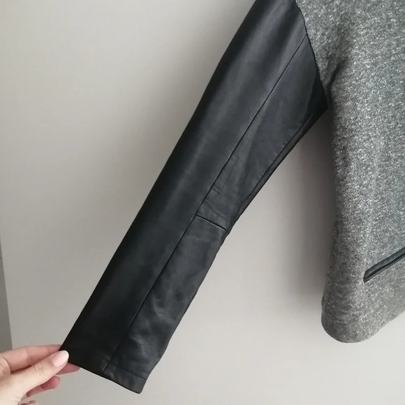 Maje French Terry Hoodie Black Leather Sleeves Heathered Gray Maje 2 or Medium - Picture 5 of 16